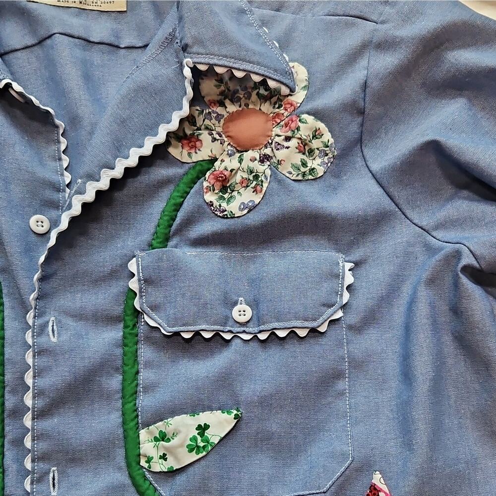Dickies Women’s Blue Chambray Work Shirt Floral Applique 16 1/2 34/35 - Picture 6 of 7